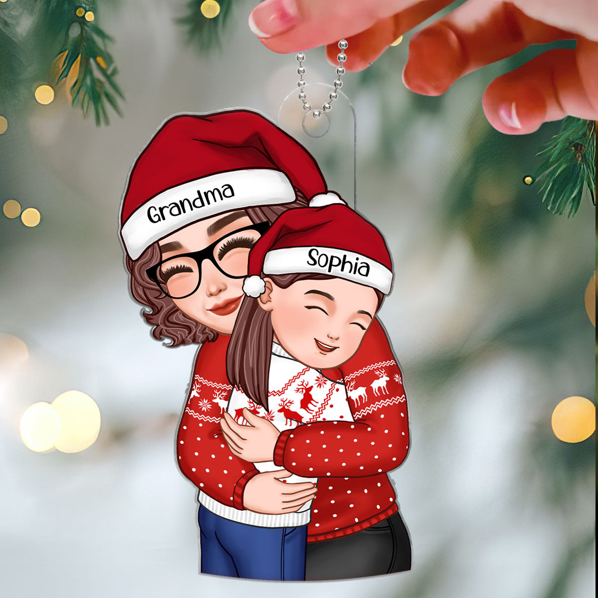 Christmas Cute Grandma Hugging Kid Gift For Granddaughter Grandson - Personalized Acrylic Ornament - Gift For Granddaughter, Grandson