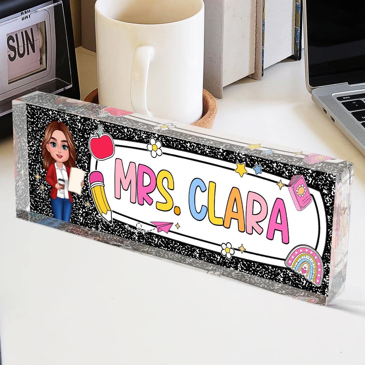 Teacher Composition Book Pattern Personalized Acrylic Desk Name Plate, Back To School Gift