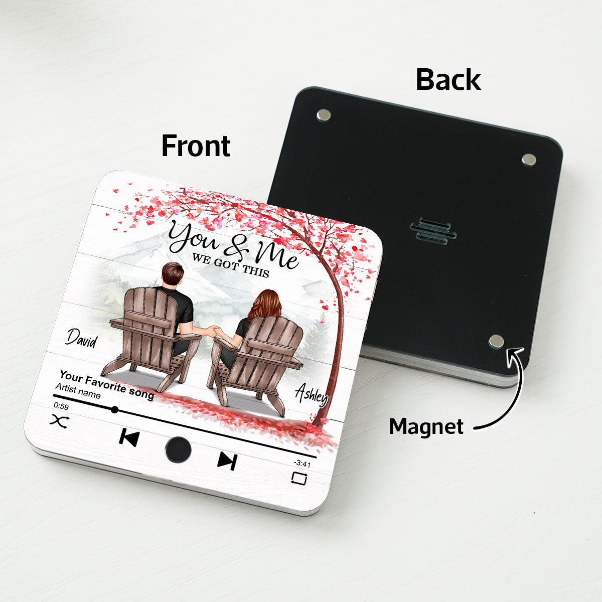Romantic Mountain Landscape with Blossom Tree Couple Sitting Back View Personalized Music Magnet