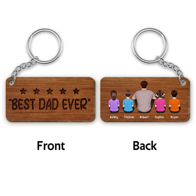 Five-star Dad Grandpa Back View Sitting Man Kid Dog Cat Personalized Wooden Keychain