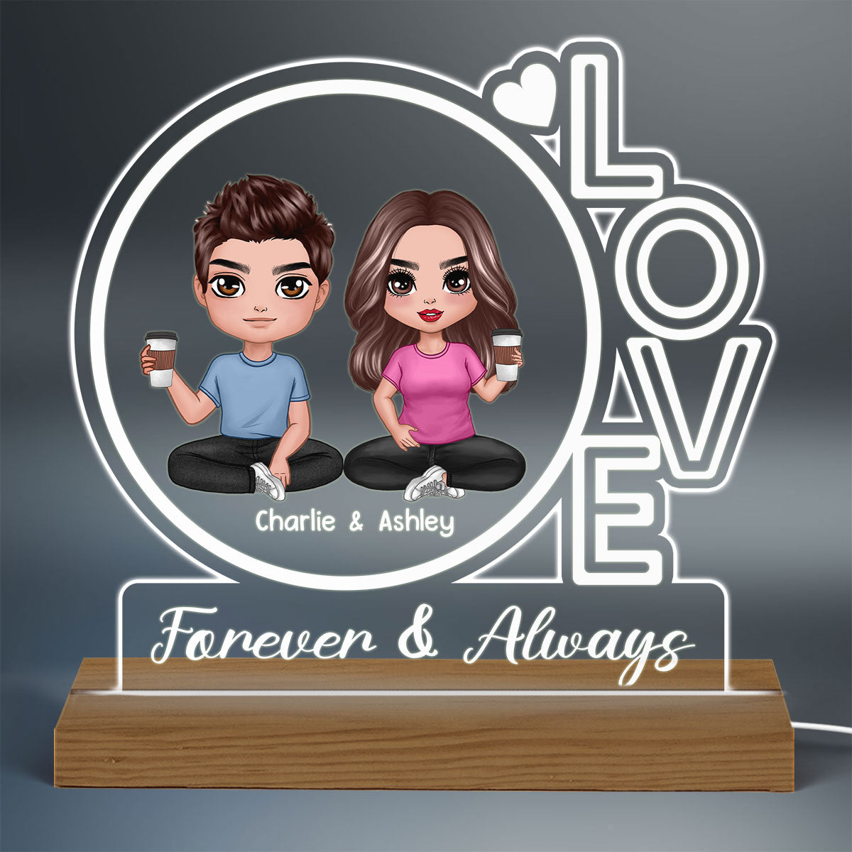 LOVE Doll Couple Sitting Personalized Custom Shaped Acrylic Plaque With Warm LED Night Light