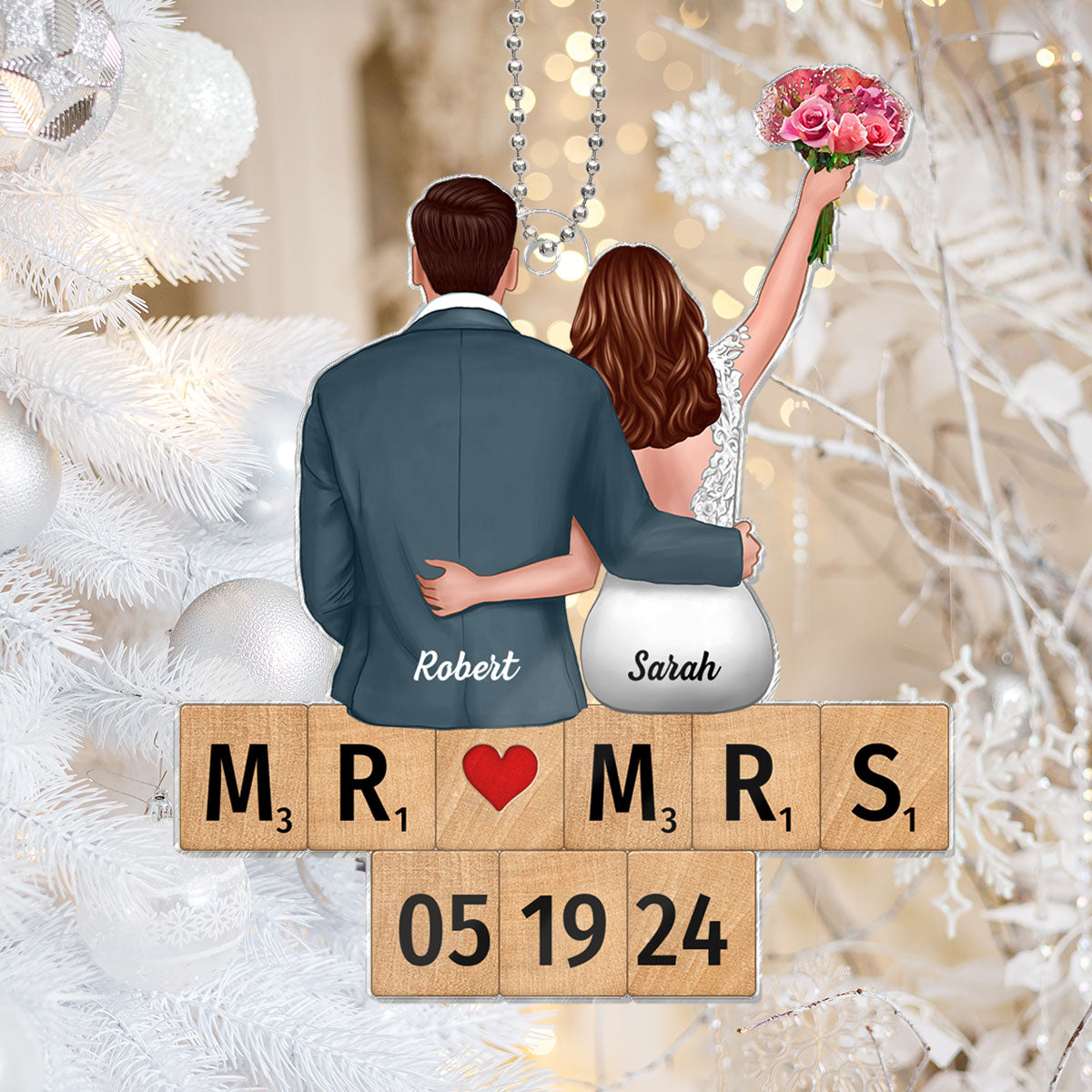 Wedding Couple Groom Bride Sitting On Puzzle Personalized Acrylic Ornament, Christmas Gift for Him for Her