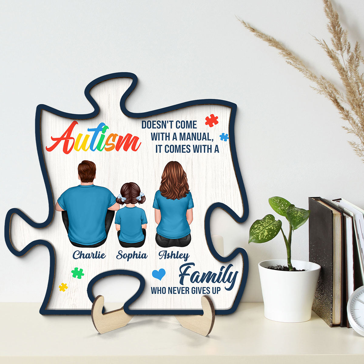 Autism Comes With A Family Never Give Up Family Back View Personalized Puzzle Shaped 2-Layer Wooden Plaque