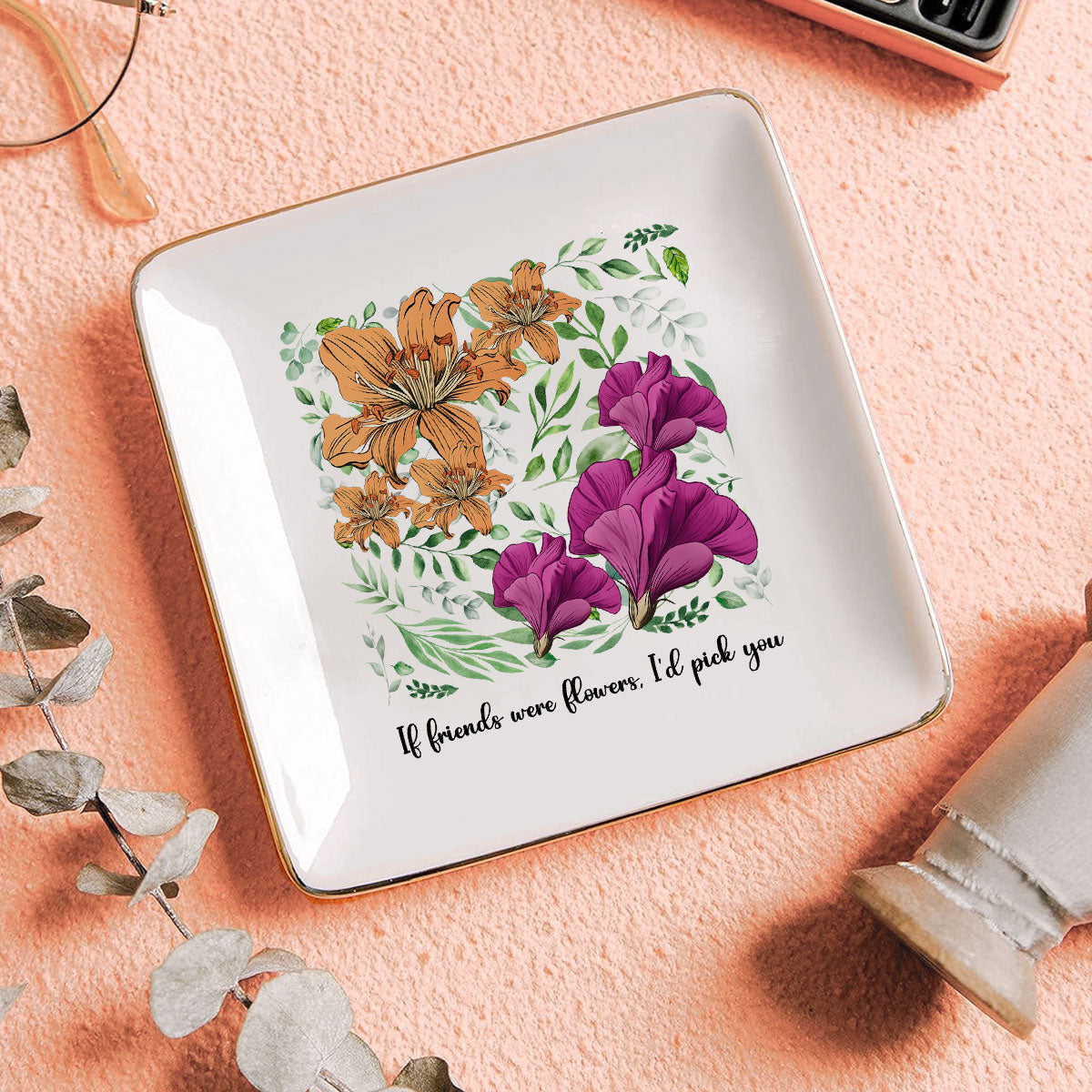 Sisters Besties In Bloom Birth Month Flowers Personalized Jewelry Dish
