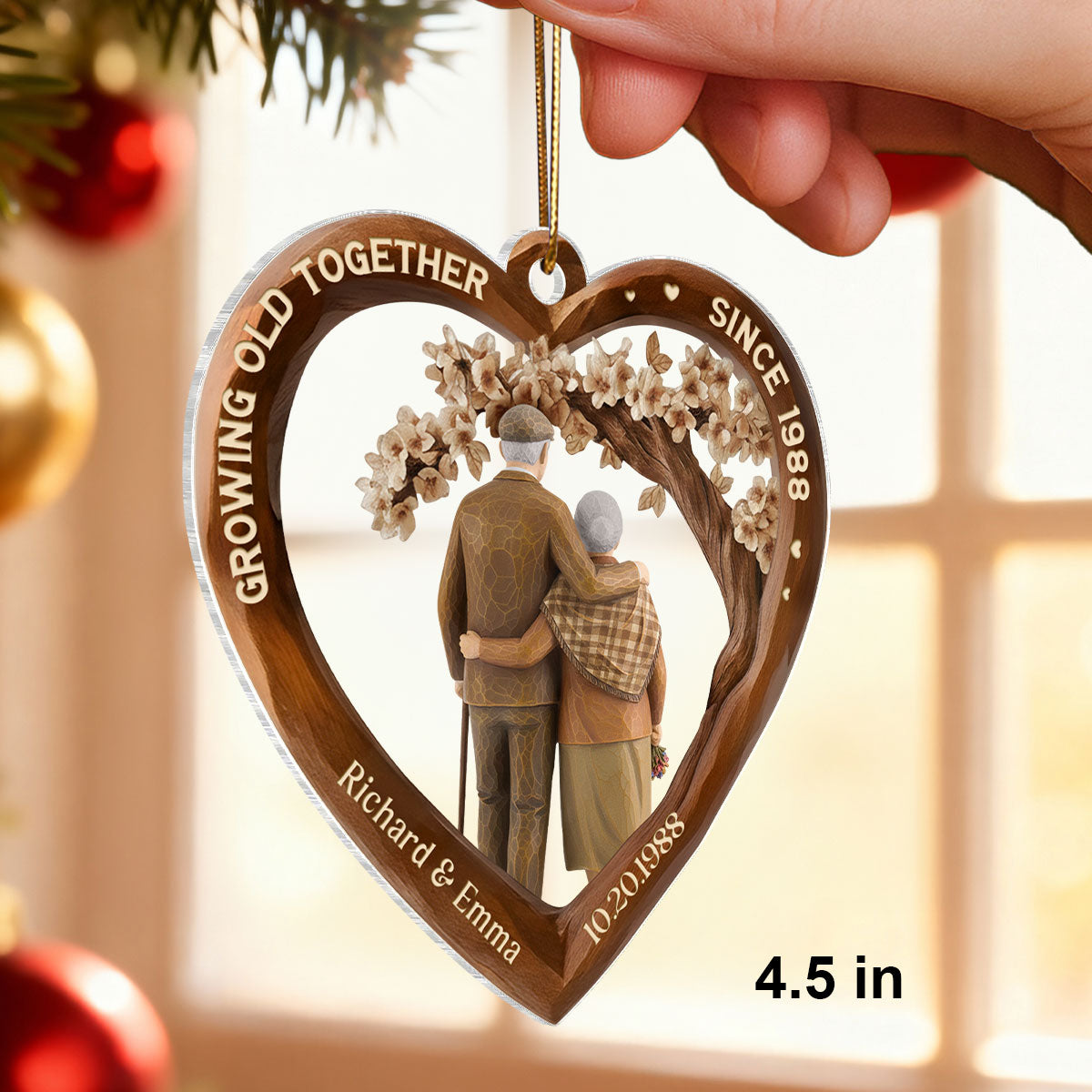 Growing Old Together Couple 3D Wooden Effect - Personalized Acrylic Ornament - Christmas Gift for Couples