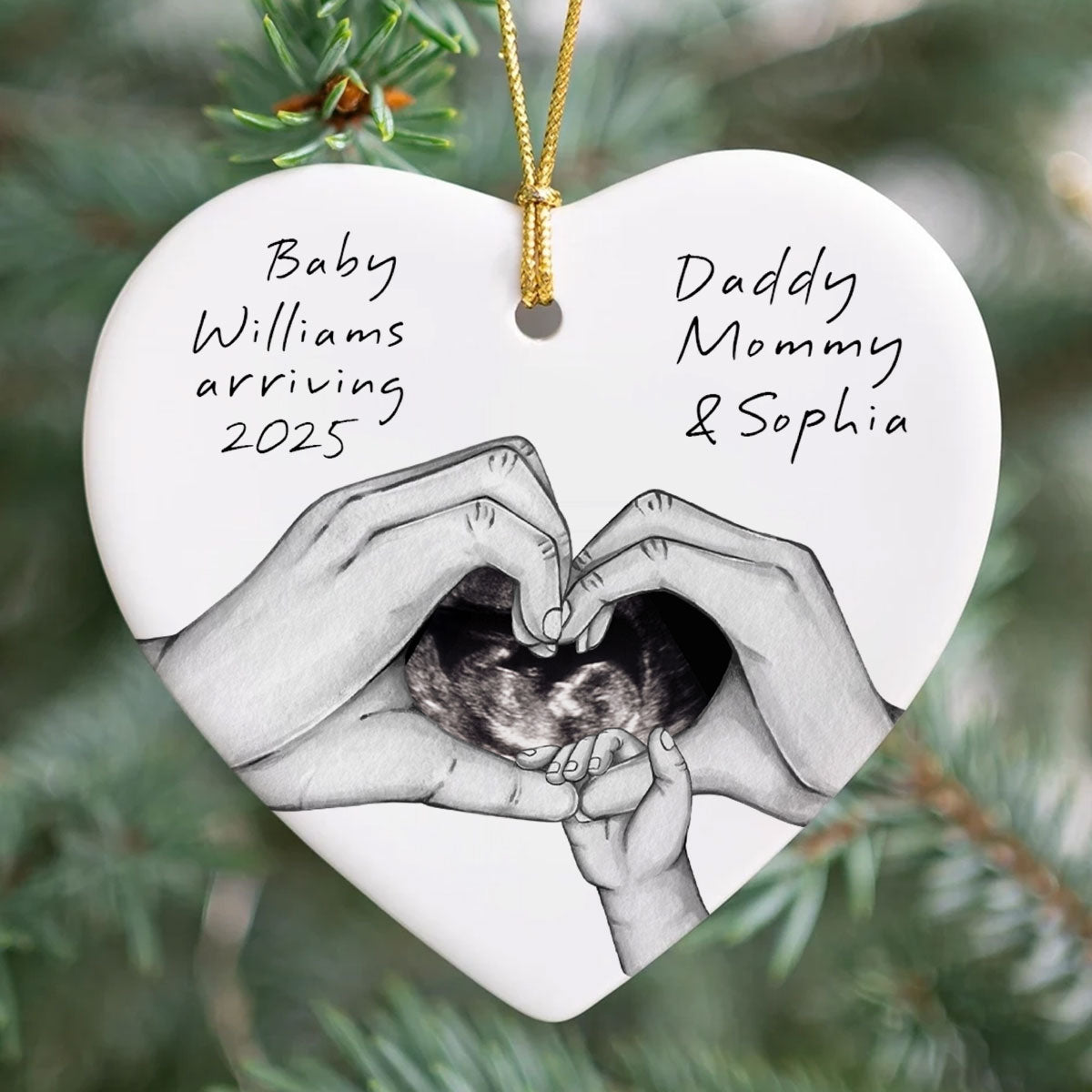 Pregnancy Baby Bump Christmas Tree Decoration, Last Christmas as a Family of 3, Baby Scan Photo Ceramic Ornament, Baby Arriving Next Year