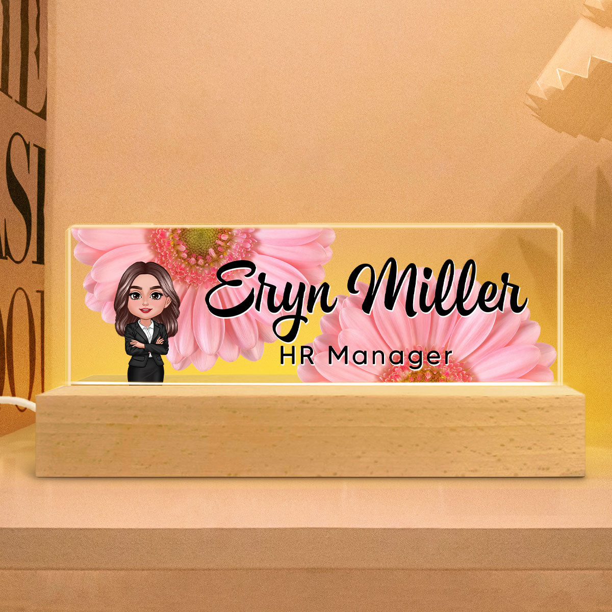 Daisy Woman Office Personalized Acrylic Block LED Night Light, Desk Name Plate, Office Desk Decor, Gift For Colleagues, Coworkers, Boss