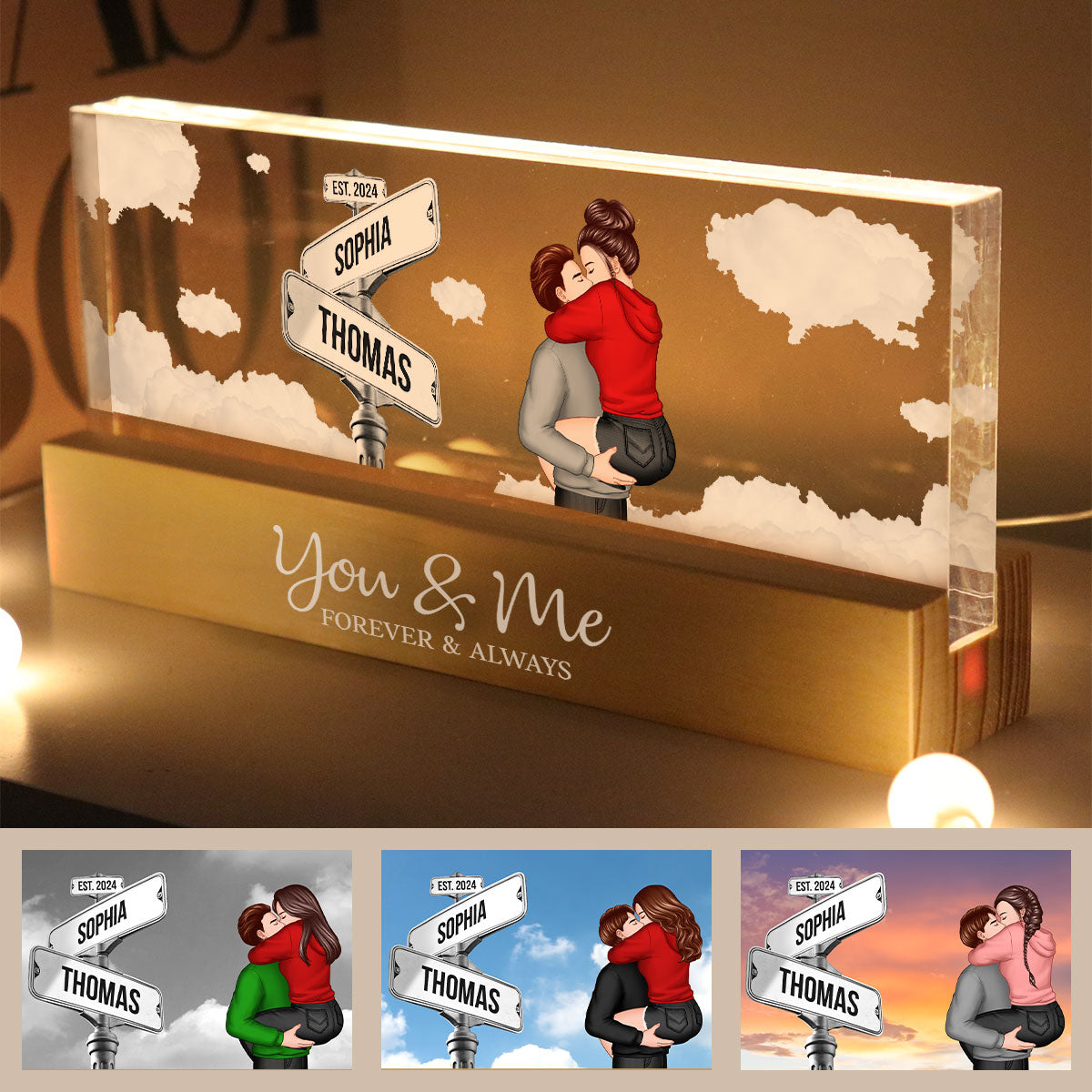 Couple Kissing Beside Street Signs Personalized Acrylic Block LED Night Light, Gift For Him, For Her, Boyfriend, Girlfriend, Husband, Wife