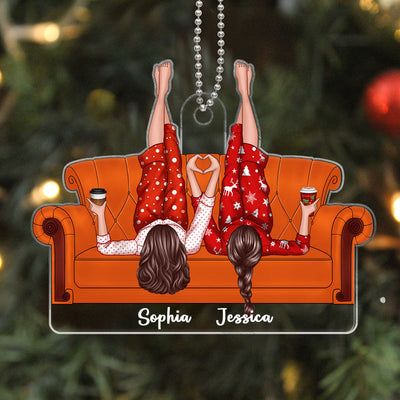 Friends Sisters Besties Lying On Couch Personalized Acrylic Ornament, Christmas Gift