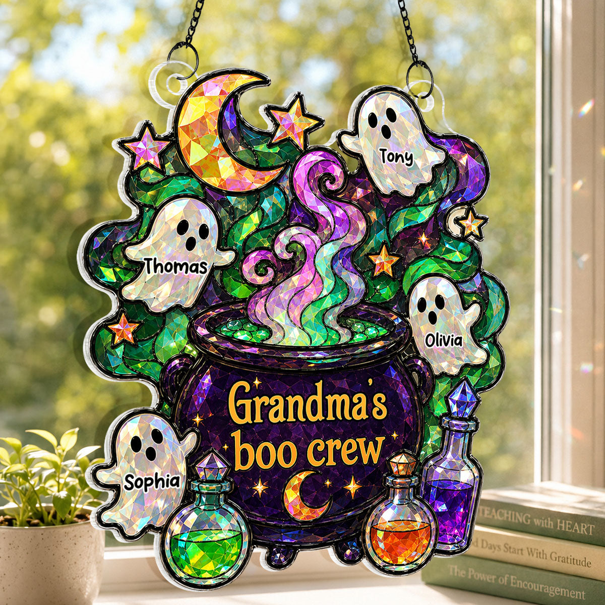 Mysterical Grandma's Boo Crew Cauldron - Personalized Window Hanging - Halloween Decoration For Grandma