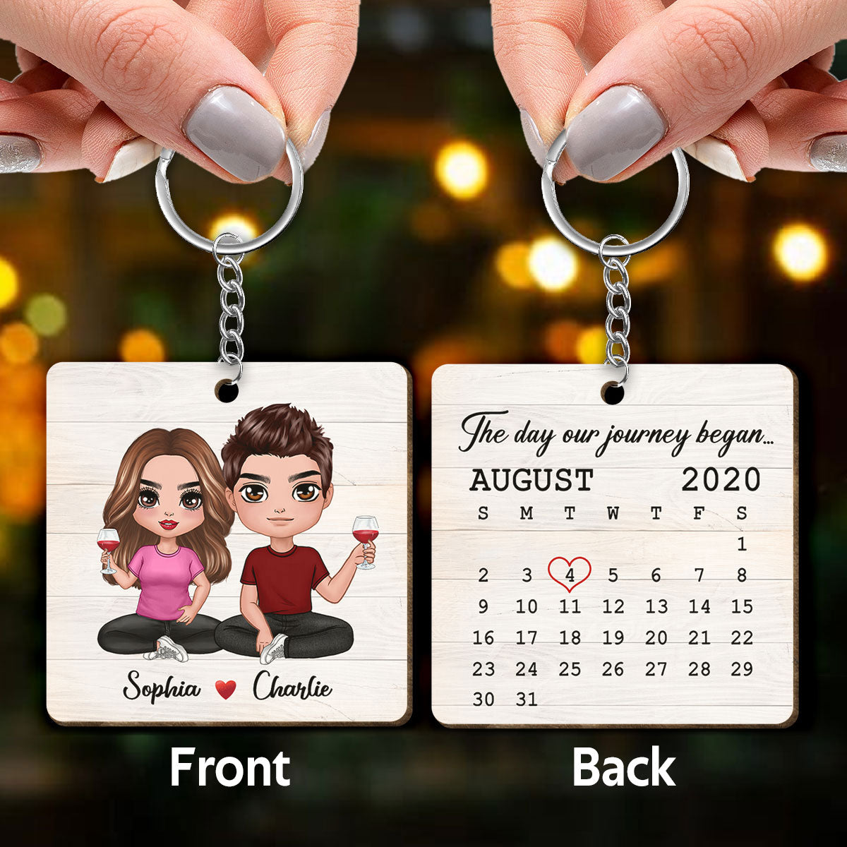Doll Couple Sitting Calendar Anniversary Date Personalized Wooden Keychain