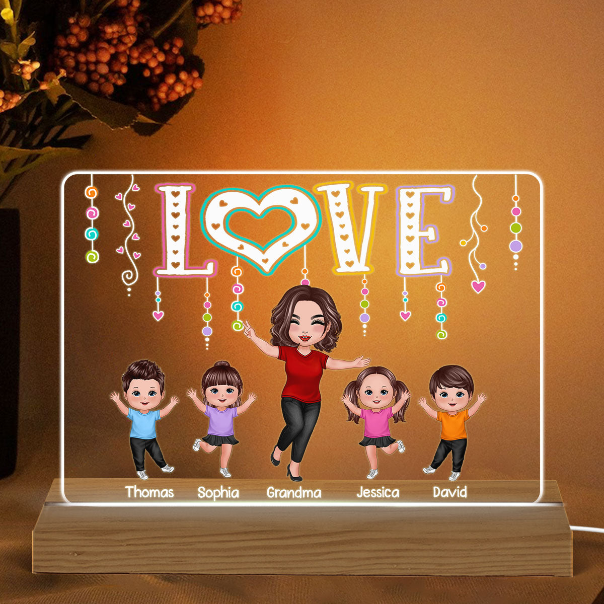LOVE Happy Doll Grandma Mom With Kids Personalized Custom Shape Acrylic Plaque LED Night Light