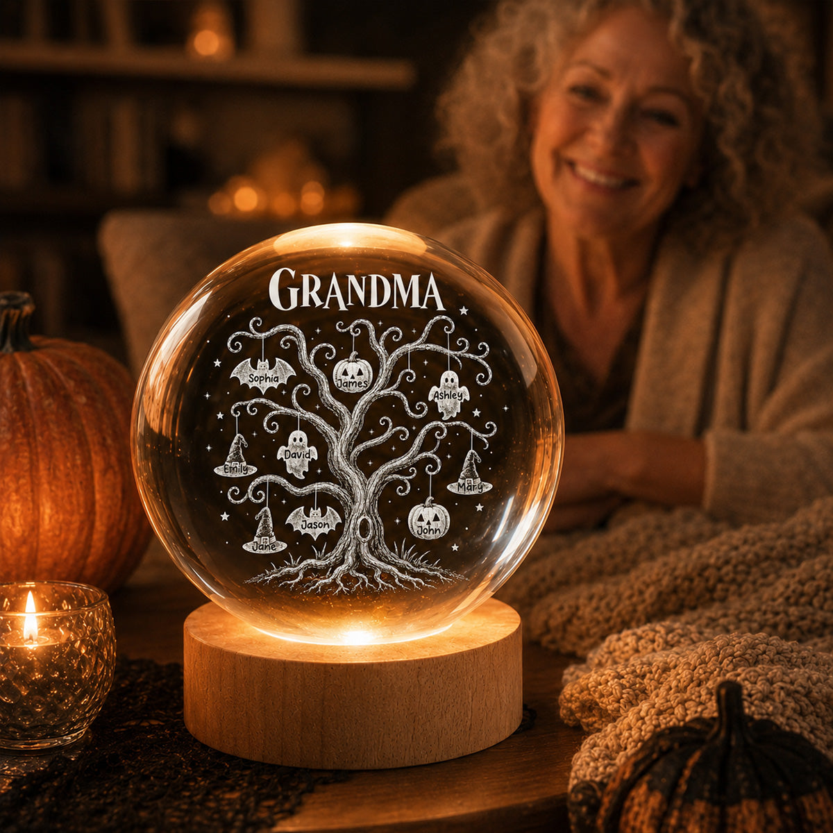 Halloween Tree With Kids Names - Personalized Crystal Ball Night Light - Halloween Gift For Grandma