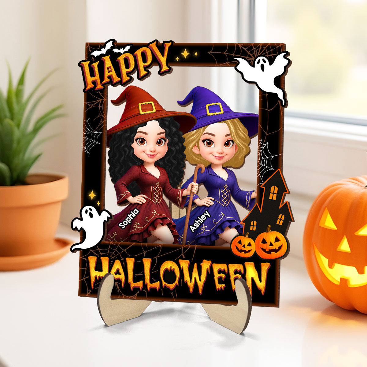 Besties Sisters Witch Photo Booth Frame Personalized 2-Layer Wooden Plaque