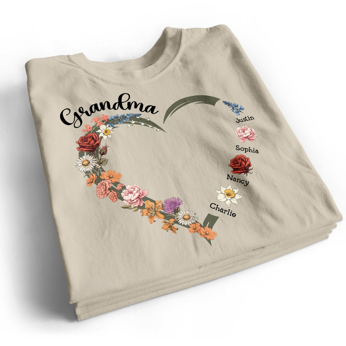 Grandma Mom Heart Birth Month Flowers Personalized Shirt