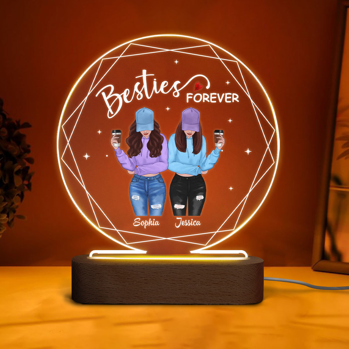 Hexagon Frame Front View Besties Personalized Circle Acrylic Plaque LED Light Night