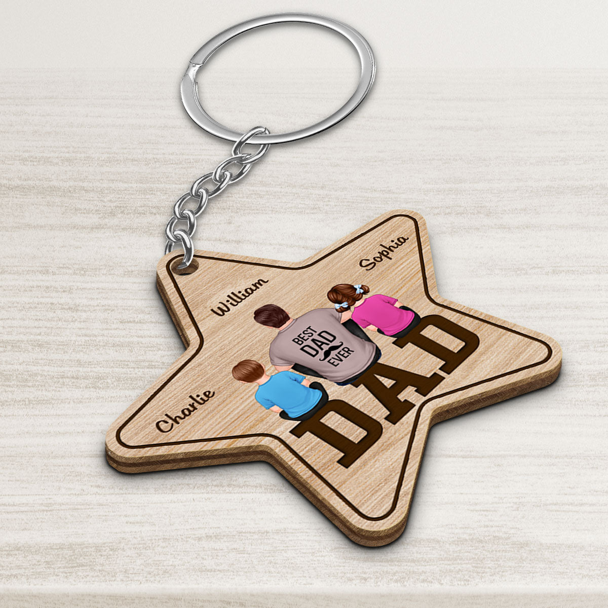 Dad Back View Man Kids Dog Cat Sitting On Text Personalized Star Wooden Keychain