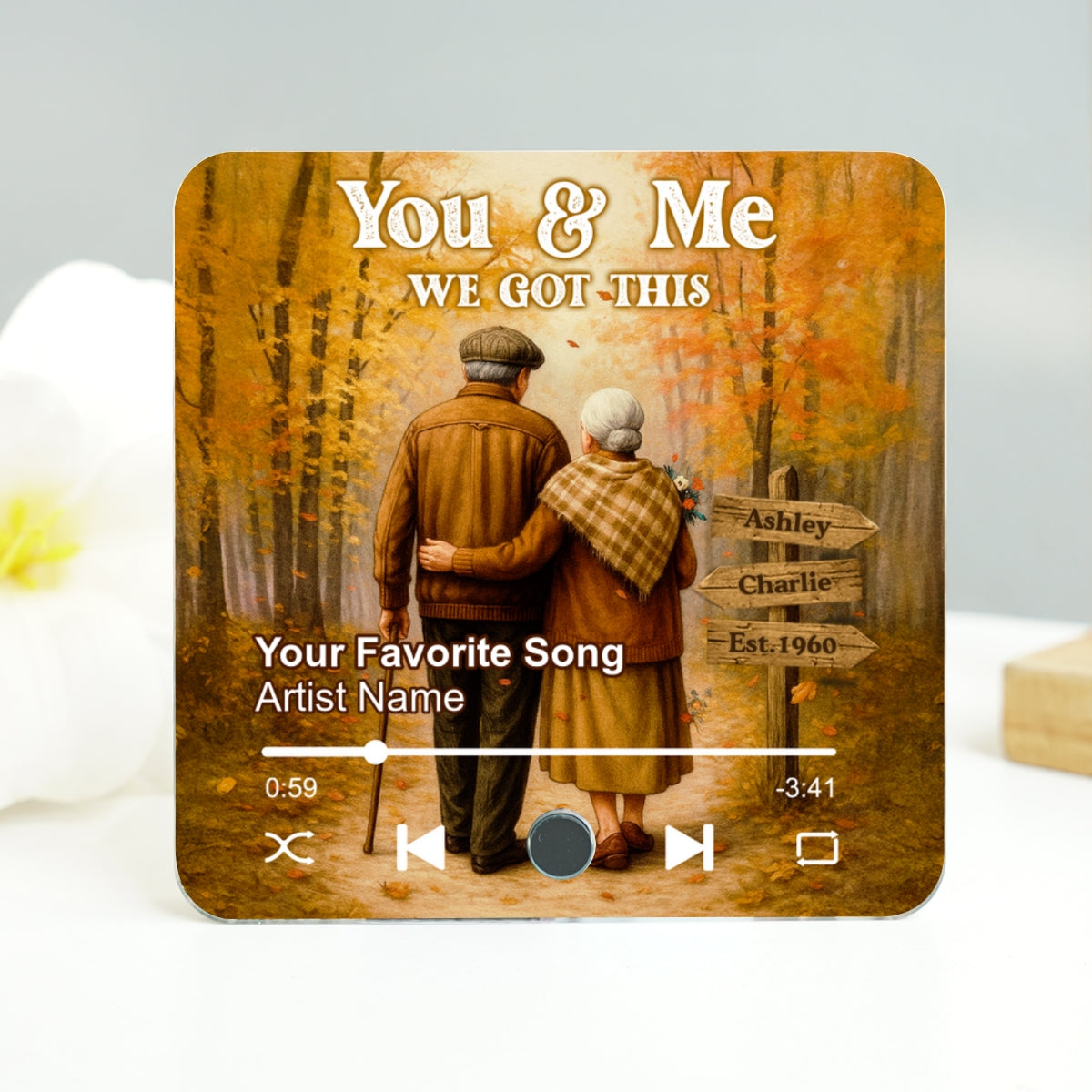 Fall Season Old Couple Personalized Music Fridge Magnet, Heartfelt Gift For Couple