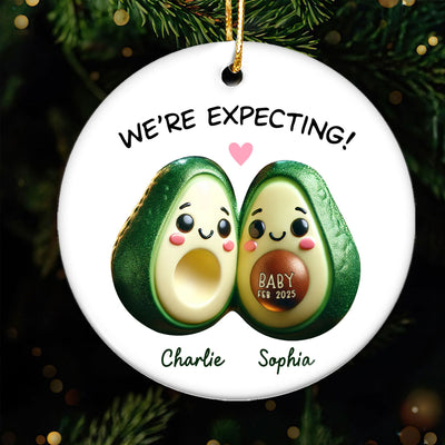 Avocado Couple Expecting Parents Pregnancy Announcement 3D Effect Keepsake Personalized Ceramic Flat Ornament