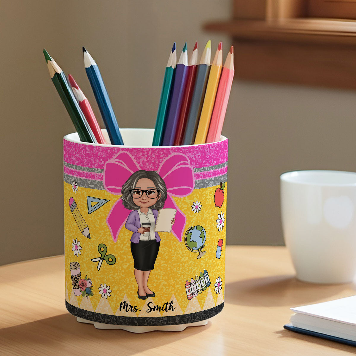 Glitter Coquette Pattern Personalized Rotating Pen Holder, Teacher Appreciation Gift, Back To School Gift