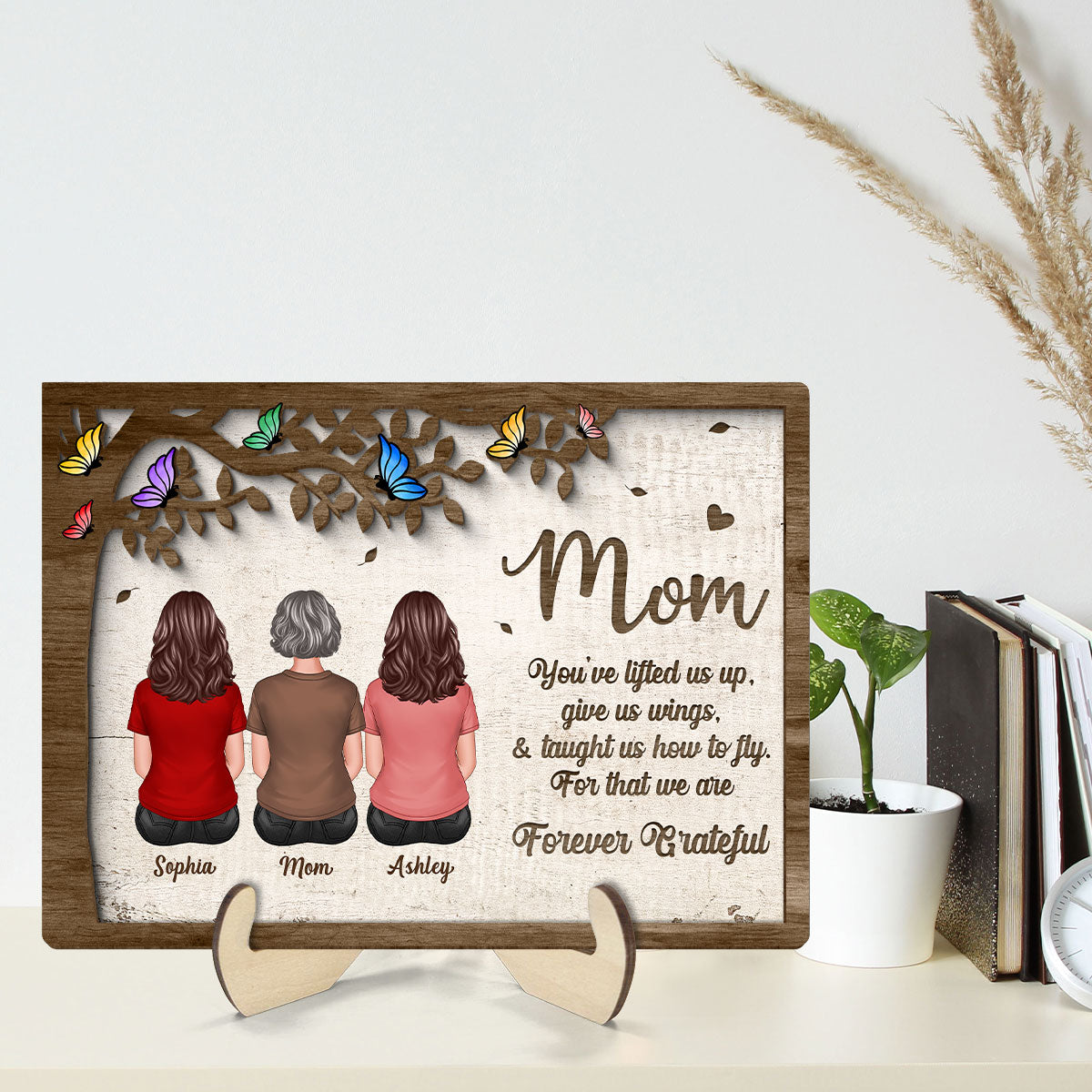 Mom And Daughters Sons Sitting Under Tree Butterflies Mother‘s Day Gift Personalized 2-Layer Wooden Plaque