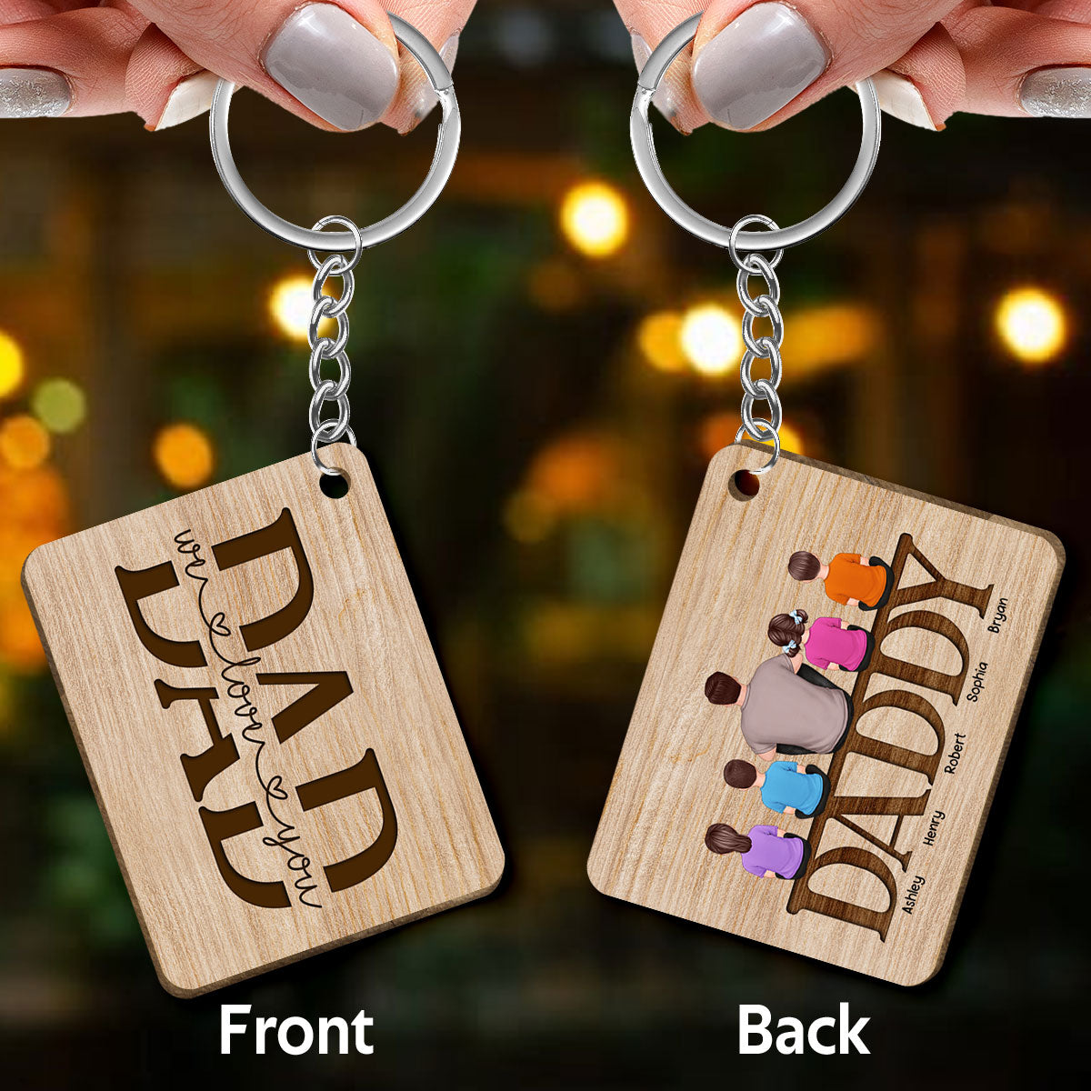 Best Dad Ever Back View Man Kids Dog Cat Sitting On Word Personalized Wooden Keychain