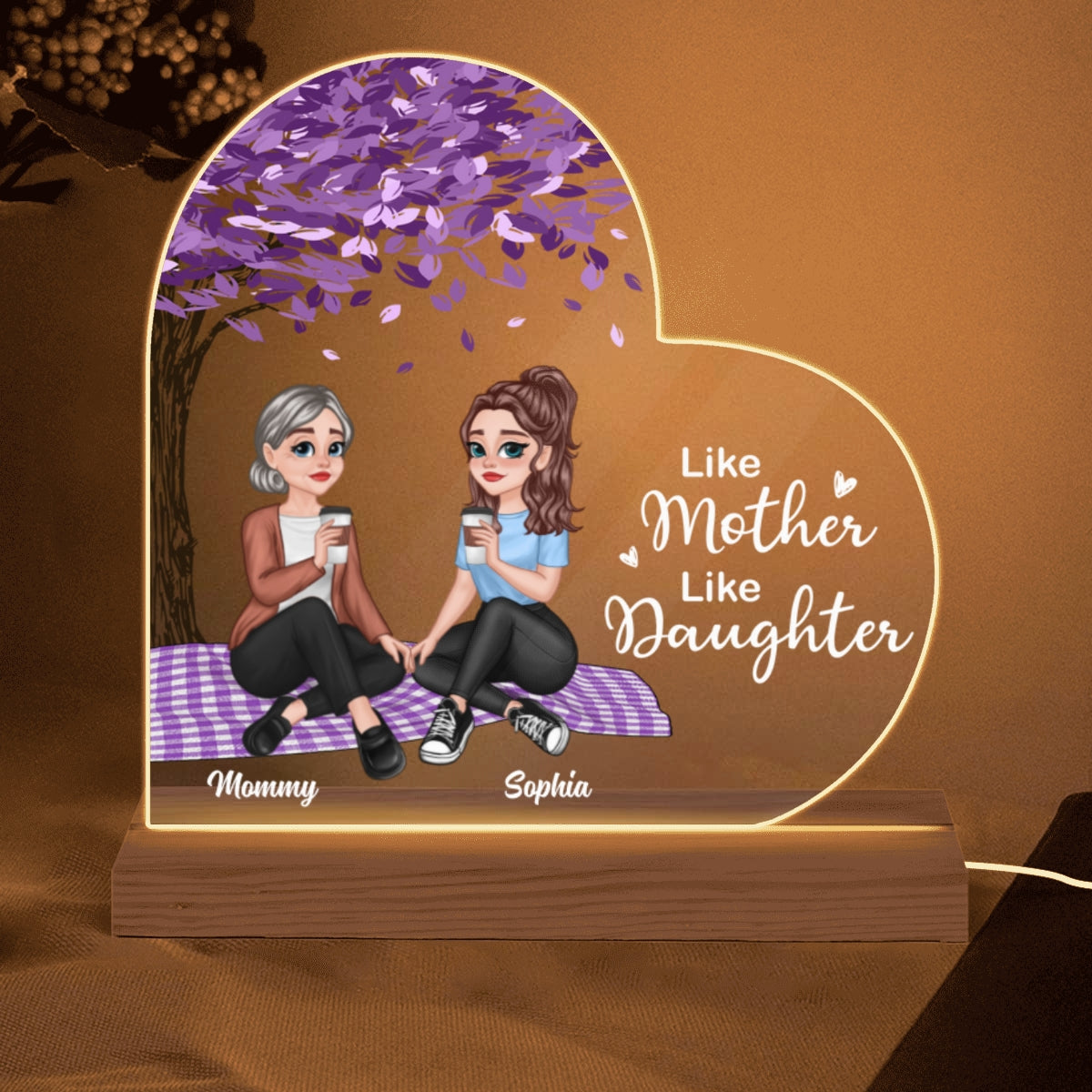 Like Mother Like Daughter Pretty Cartoon Mom Daughter Under Tree Personalized Heart Shaped Acrylic Plaque With LED Night Light