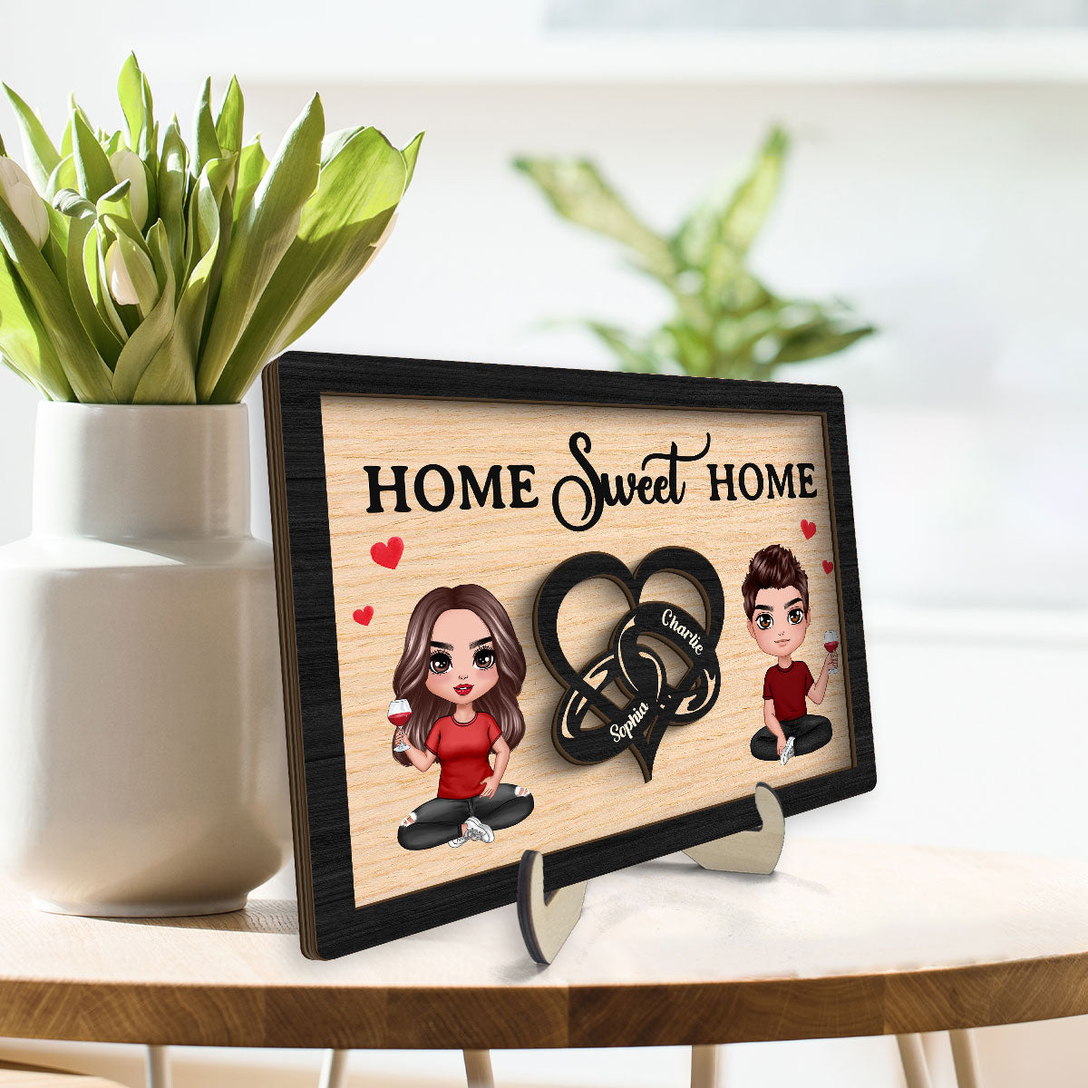 Doll Couple Heart Rings Valentine‘s Day Gift Personalized 2-layer Wooden Plaque