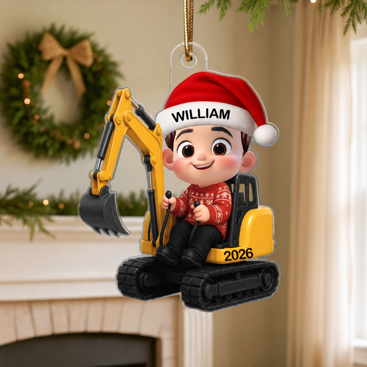 3D Effect Little Boy Kid With Construction Vehicle Excavator Backhoe Tractor Christmas Personalized Acrylic Ornament