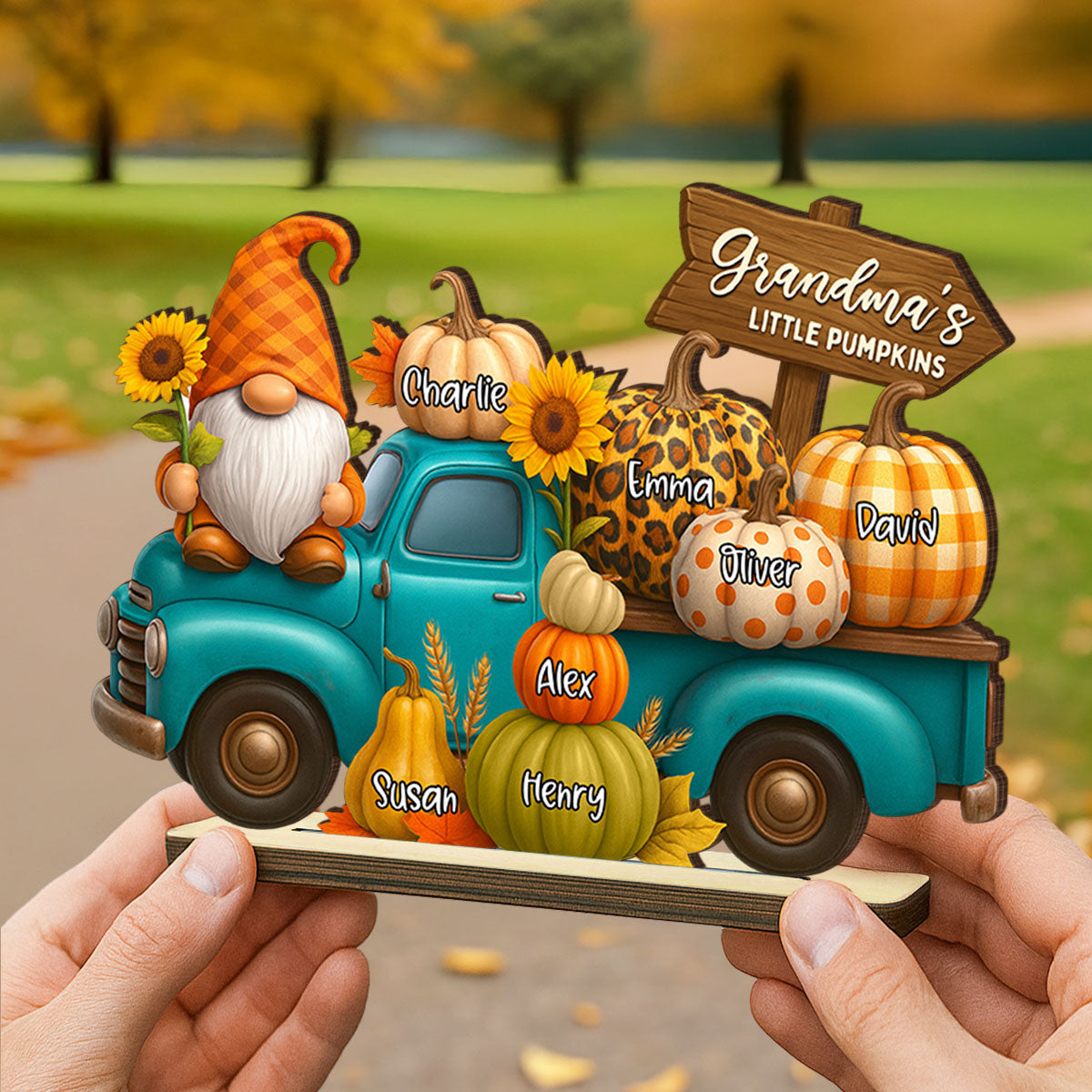Fall Gnomes Truck Grandma's Pumpkin Personalized Standing Wooden Plaque, Cozy Fall Decor for Grandma