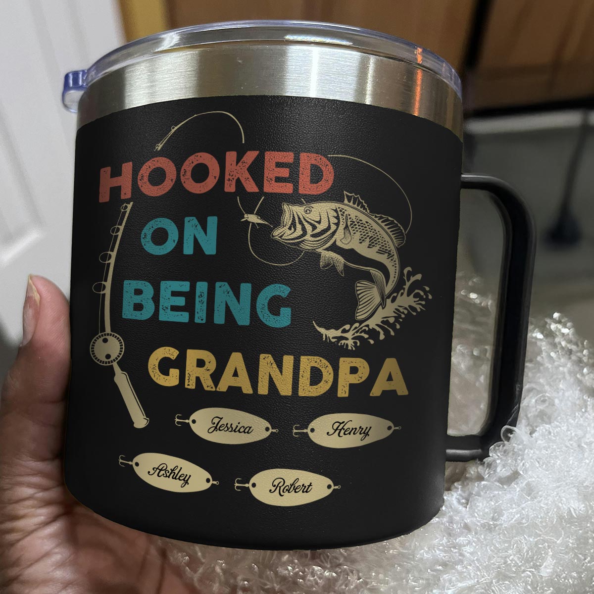 Hooked On Being Grandpa Fishing Personalized Stainless Steel Tumbler With Handle