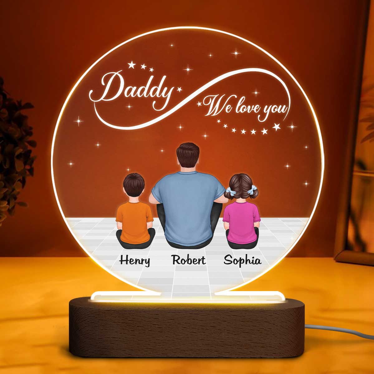 Infinity Dad Grandpa We Love You Back View Dad And Kids Dogs Cats Sitting Personalized Personalized Circle Acrylic Plaque LED Night Light