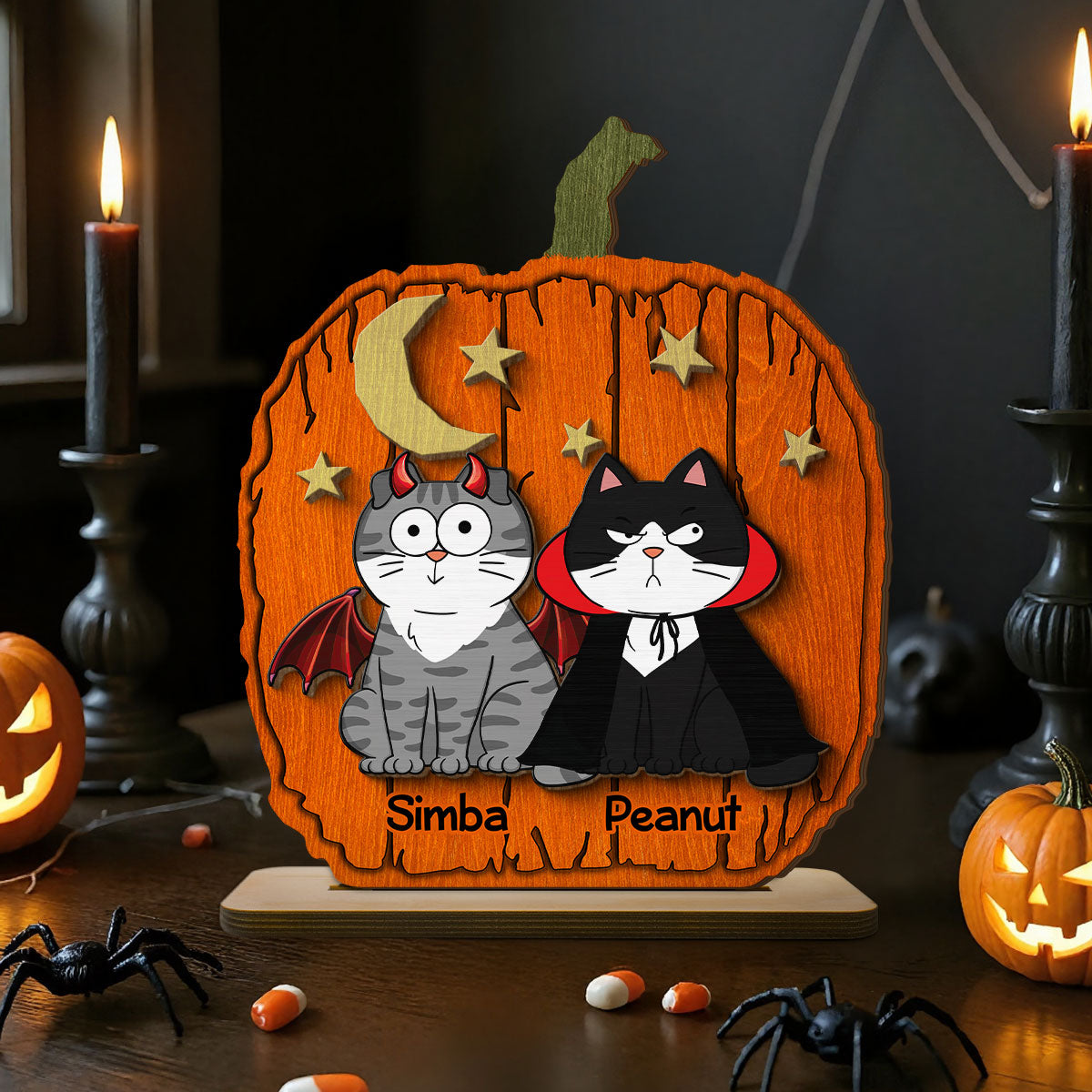 Halloween Funny Cats Pumpkin Shaped Personalized 2-Layer Standing Wooden Plaque, Spooky Halloween Tabletop, Tiered Tray, Shelf Sitter Decoration