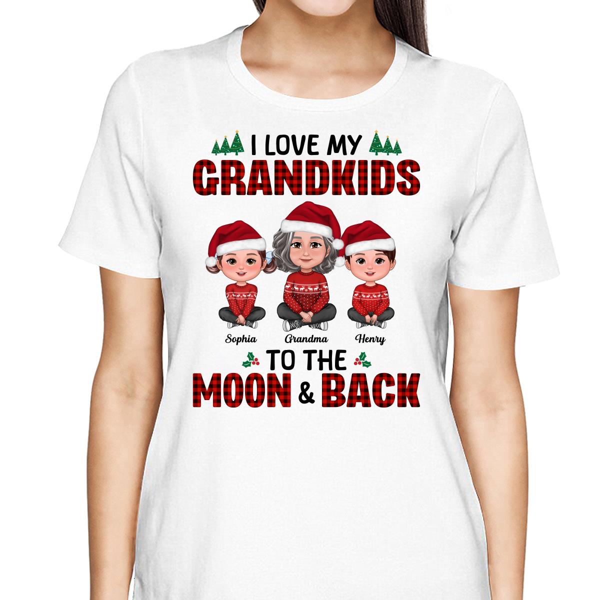 I Love My Grandkids To The Moon And Back Doll Grandma And Kids Sitting Crossed Legs Christmas Personalized Shirt