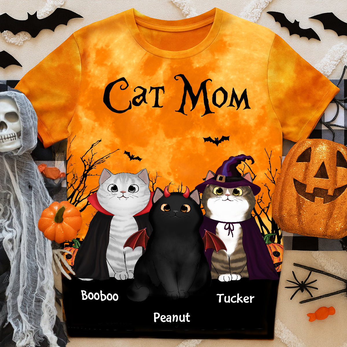 Cat Mom Halloween Moon Light Bat Tree Witchy Theme Personalized Shirt, Purrfect Costume for Cat Lover