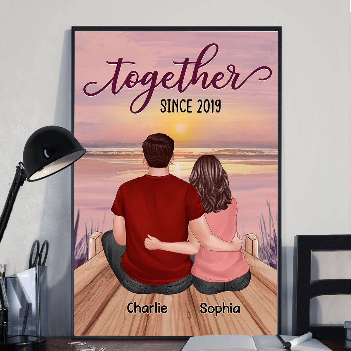 Couple Sitting Back View Lake Sunset Personalized Vertical Poster