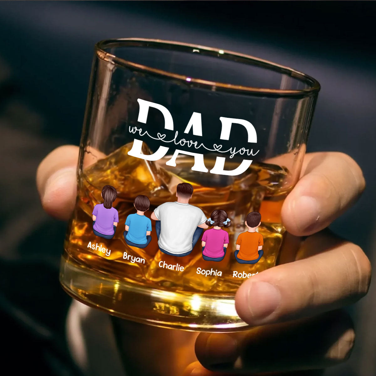 Best Dad Ever Back View Man Kids Dog Cat Personalized Whiskey Glass, Wine Glass, Father's Day Gift for Dad
