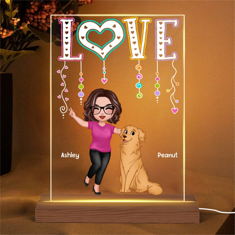 LOVE Happy Doll Woman With Dogs Cats Gift For Dog Mom Cat Mom Personalized Rectangle Acrylic Plaque LED Night Light