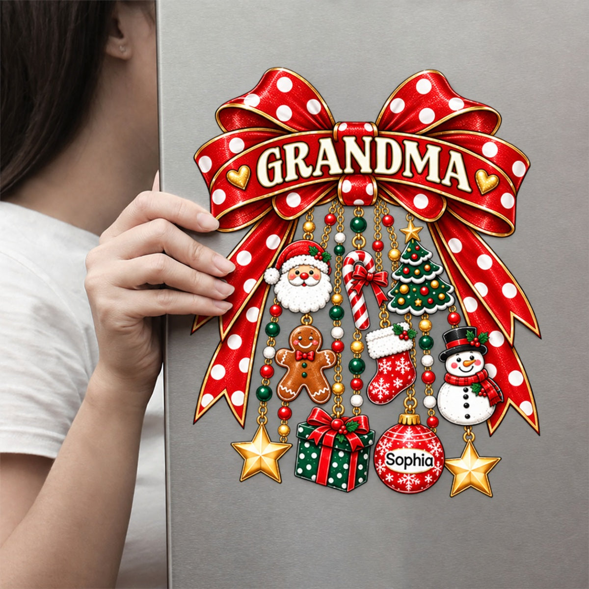 Grandma Retro Christmas Charm Bow - Personalized Decal - Trendy Christmas for Grandma