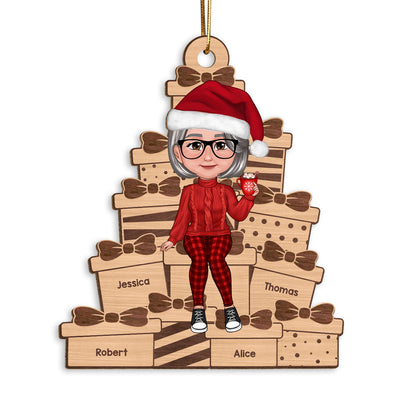 Grandma Mom Sitting On Christmas Gifts Personalized Wooden Ornament