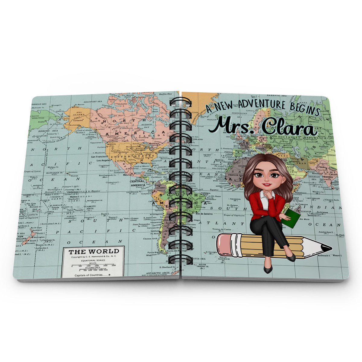 World Map Adventure Themed Teacher Sitting On Pencil Personalized Spiral Notebook Journal, Back To School Stationery