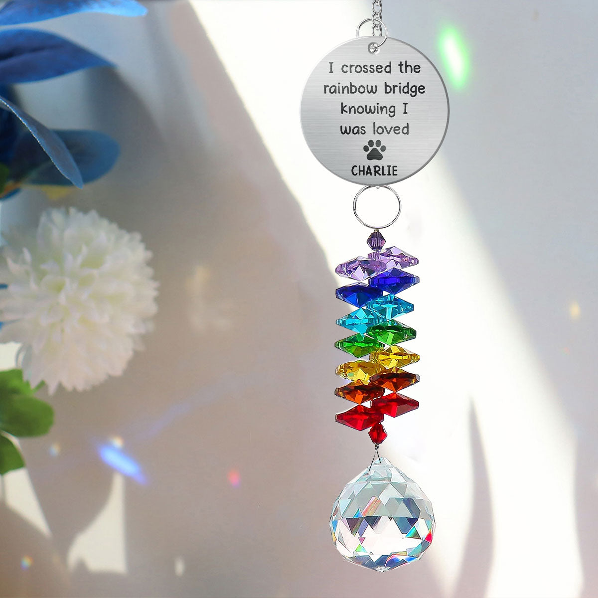 Pet Dog Cat Memorial Crossed The Rainbow Bridge Personalized Crystal Suncatcher With Aluminum Charm