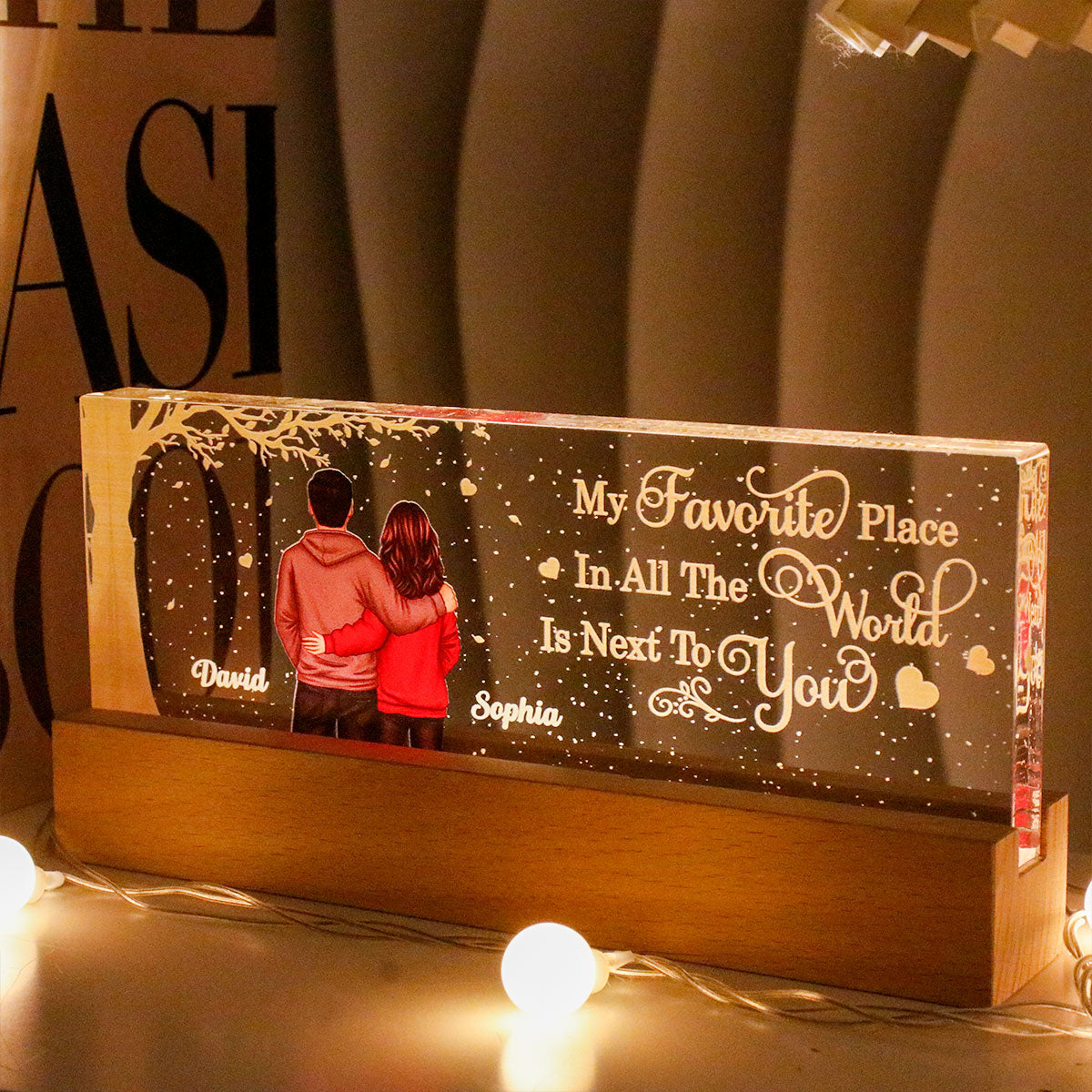 Favorite Place In The World Couple Hugging Standing Back View Personalized Acrylic LED Night Light,  Gift for Him, Gift for Her