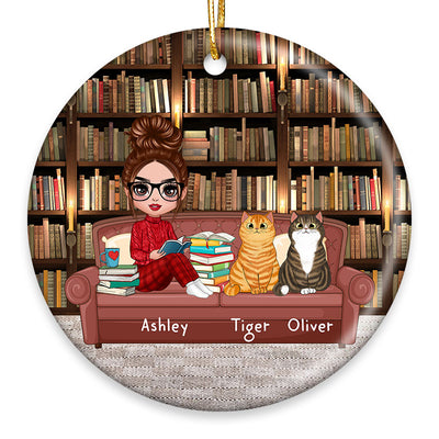 Doll Girl Reading Books And Cats On Sofa Personalized Circle Ornament