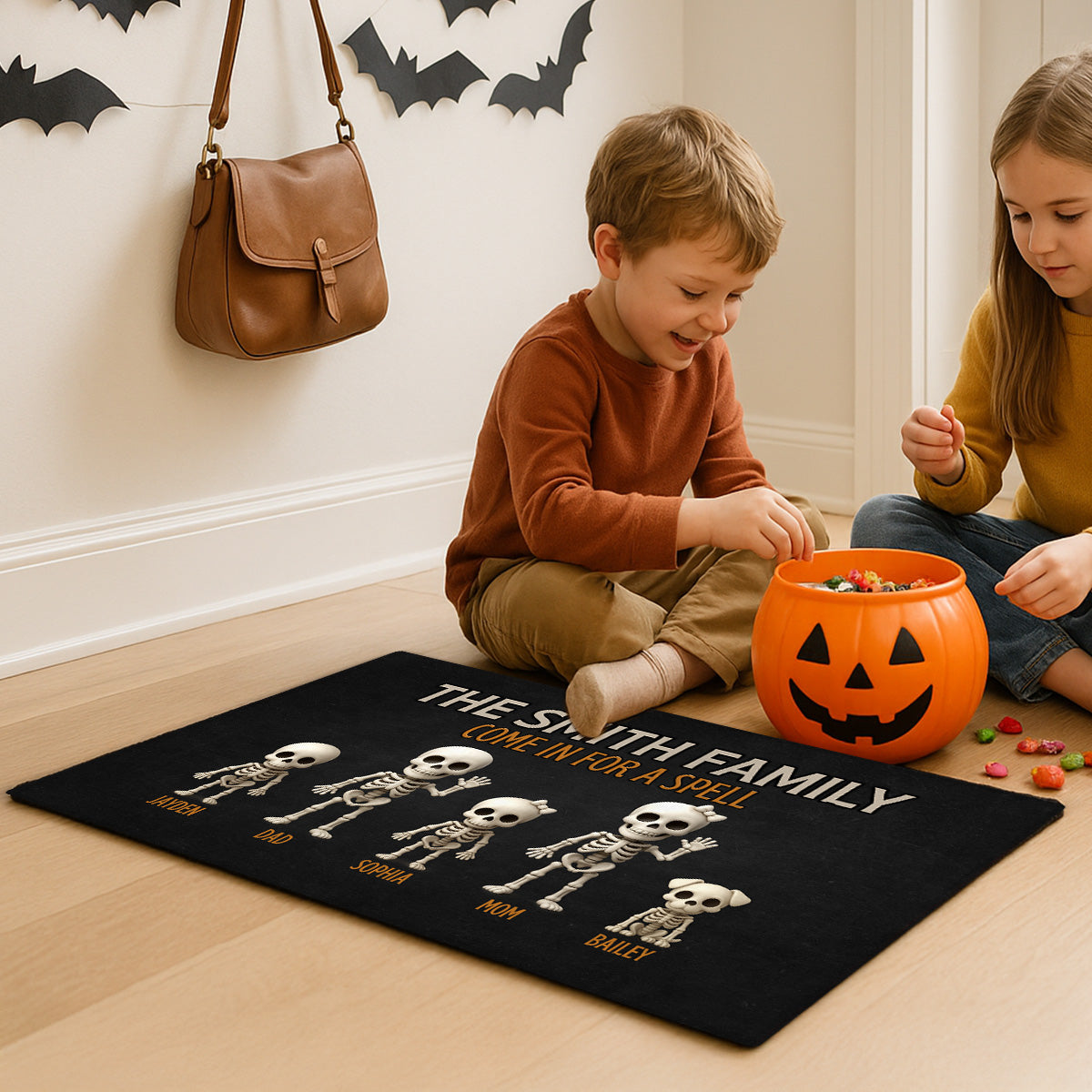 3D Effect Halloween Spooky Funny Skeleton Family - Personalized Doormat