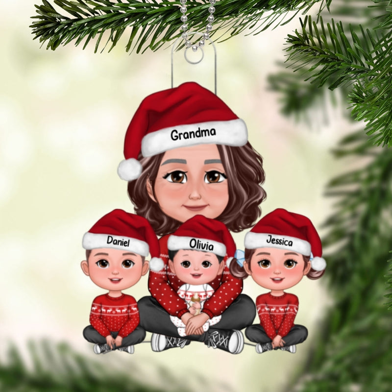 Grandma & Grandkids Sitting Crossed Legs Gift For Grandson Granddaughter - Personalized Ornament - Gift For Grandson Granddaughter