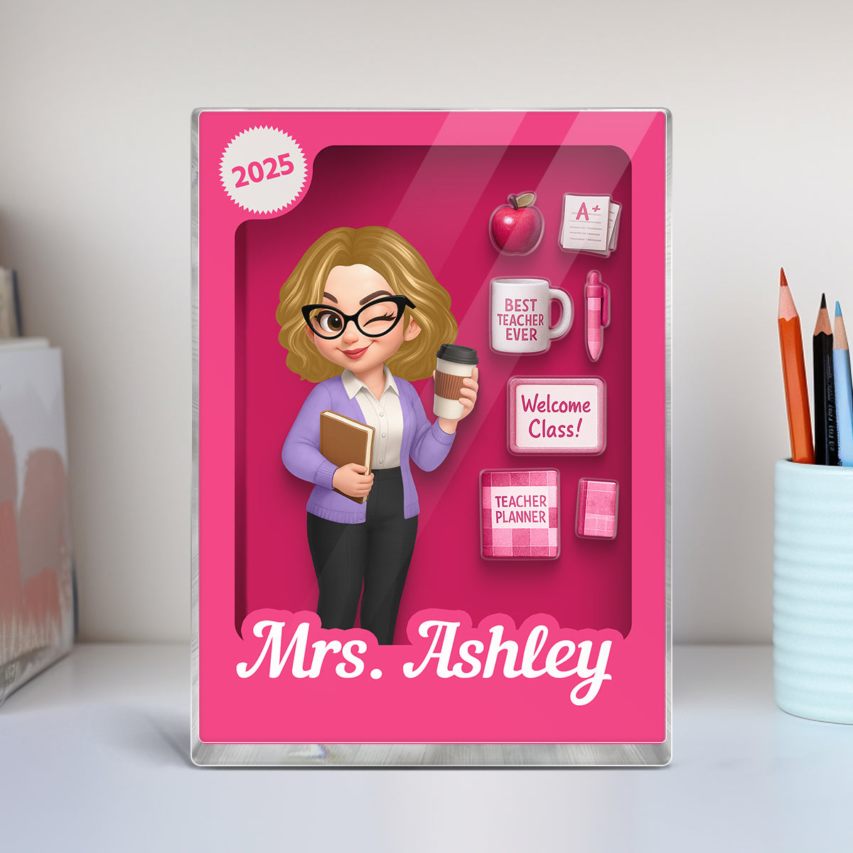 Pretty Teacher 3D Effect Toy Box Action Figure Personalized Acrylic Block, Back To School gift for Teachers