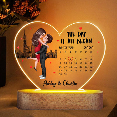 Doll Couple Hugging Kissing Skyline Calendar Anniversary Date Personalized Acrylic Heart Plaque LED Night Light