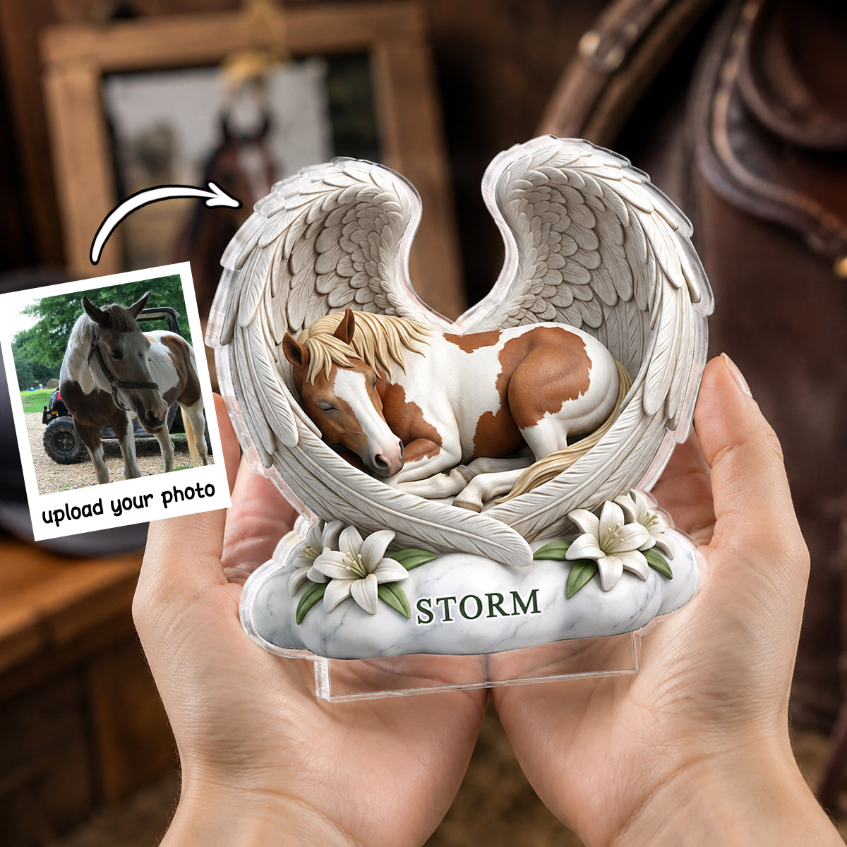 Custom Horse Angel Wings Statue - Personalized Acrylic Block Plaque - Heartfelt Pet Memorial Gift