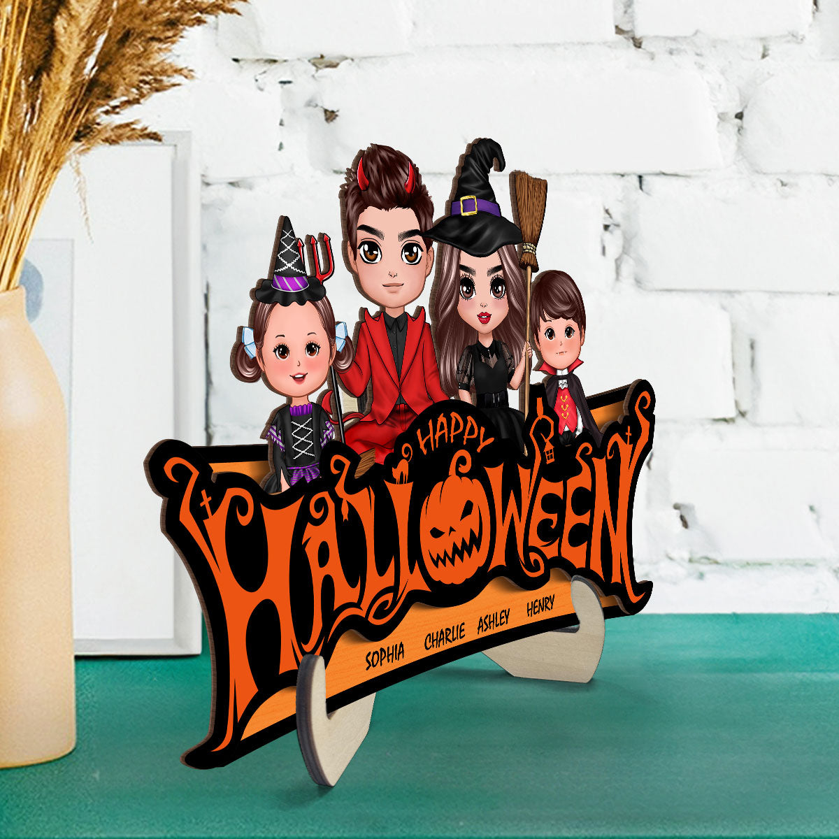 Happy Halloween Jack O Lantern Spooky, Family Sitting - Personalized 2-Layered Wooden Plaque